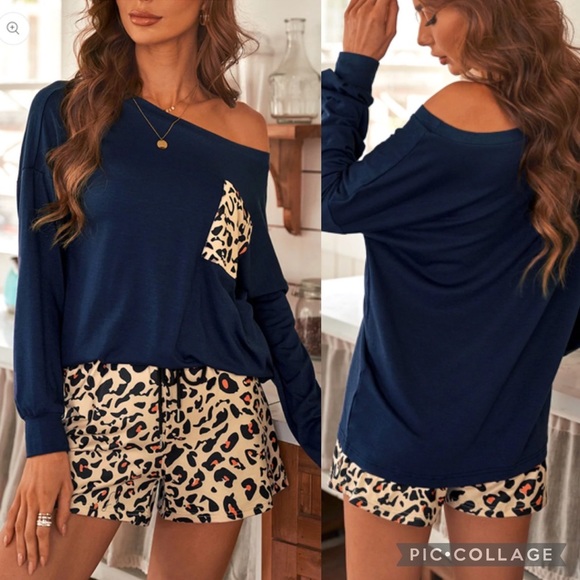 BLUE Solid Long Sleeve and Leopard Shorts Loungewear NEW - Picture 1 of 1